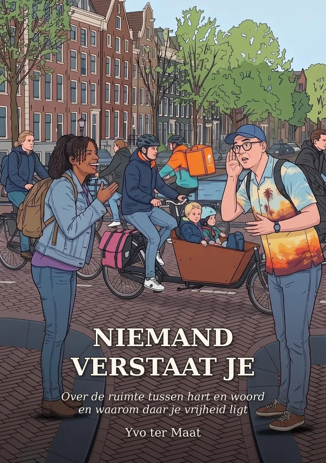 Omslag van Niemand verstaat je: op een Amsterdams fietspad praat een vrouw enthousiast tegen een man die zijn hand achter zijn oor houdt.